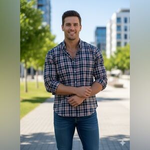 J. Crew Men’s Navy and Red Plaid Casual Shirt